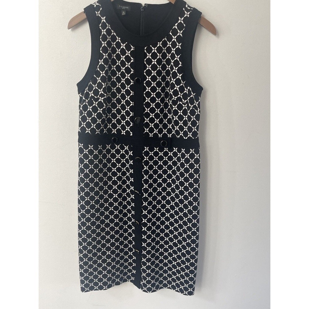 Talbots Womens Black White Patterned Sheath Dress MIDI Size 10P Sleeveless - Picture 3 of 14